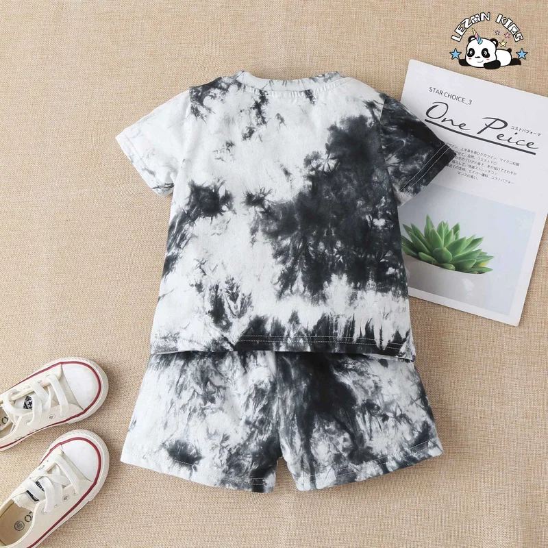 LEZONKIDS - Customized Kids boy set Summer Tie-Dye Casual Cotton Clothing Toddlers Featuring Print Solid Logo Design T-Shirt Suit